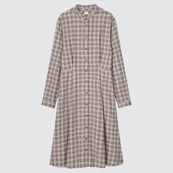 Uniqlo Soft Flannel Long-Sleeve Flare Dress Grey / Tan Plaid Size XS - Picture 1 of 9